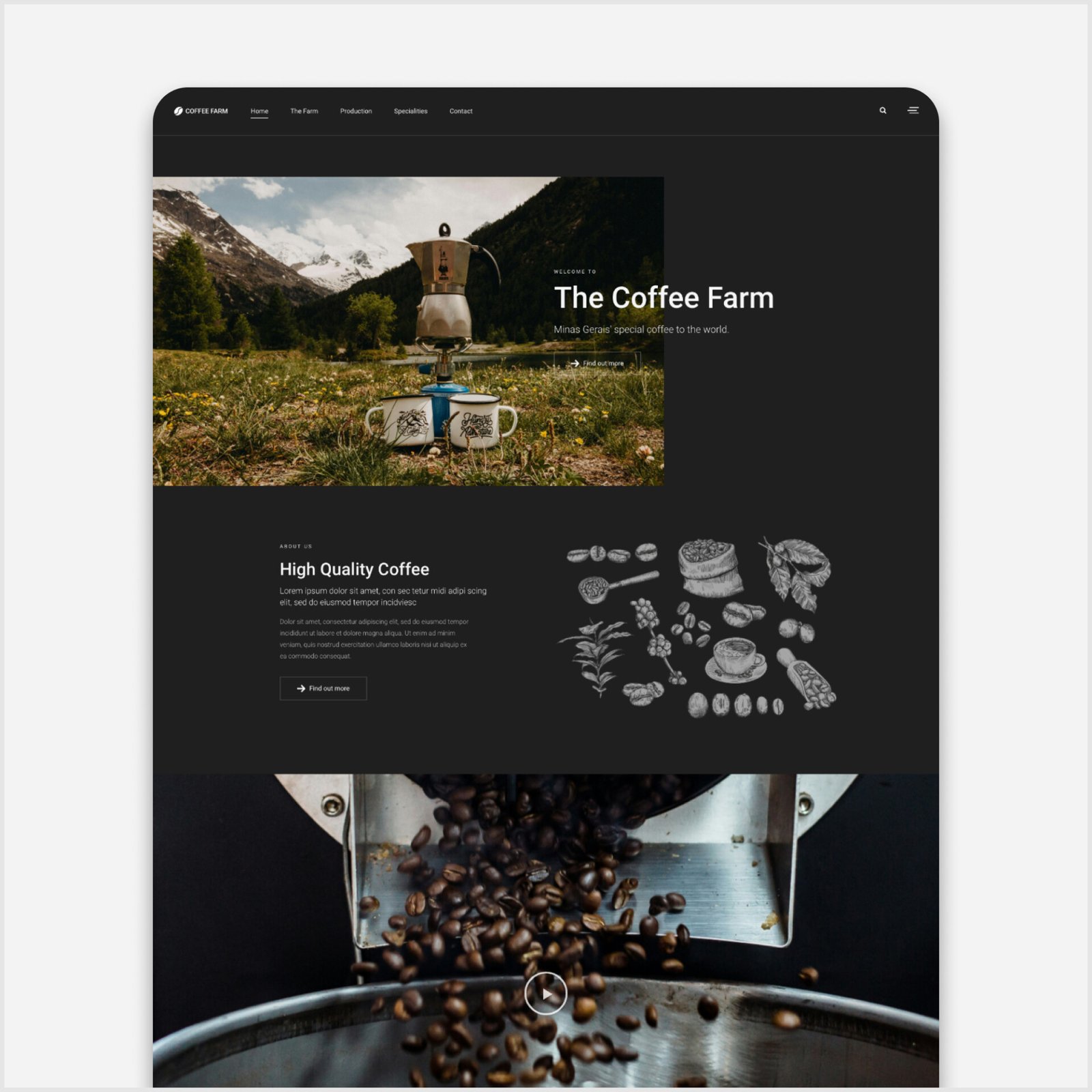 página principal de um website institucional de uma fazenda de café feito para o portfólio de webdesign