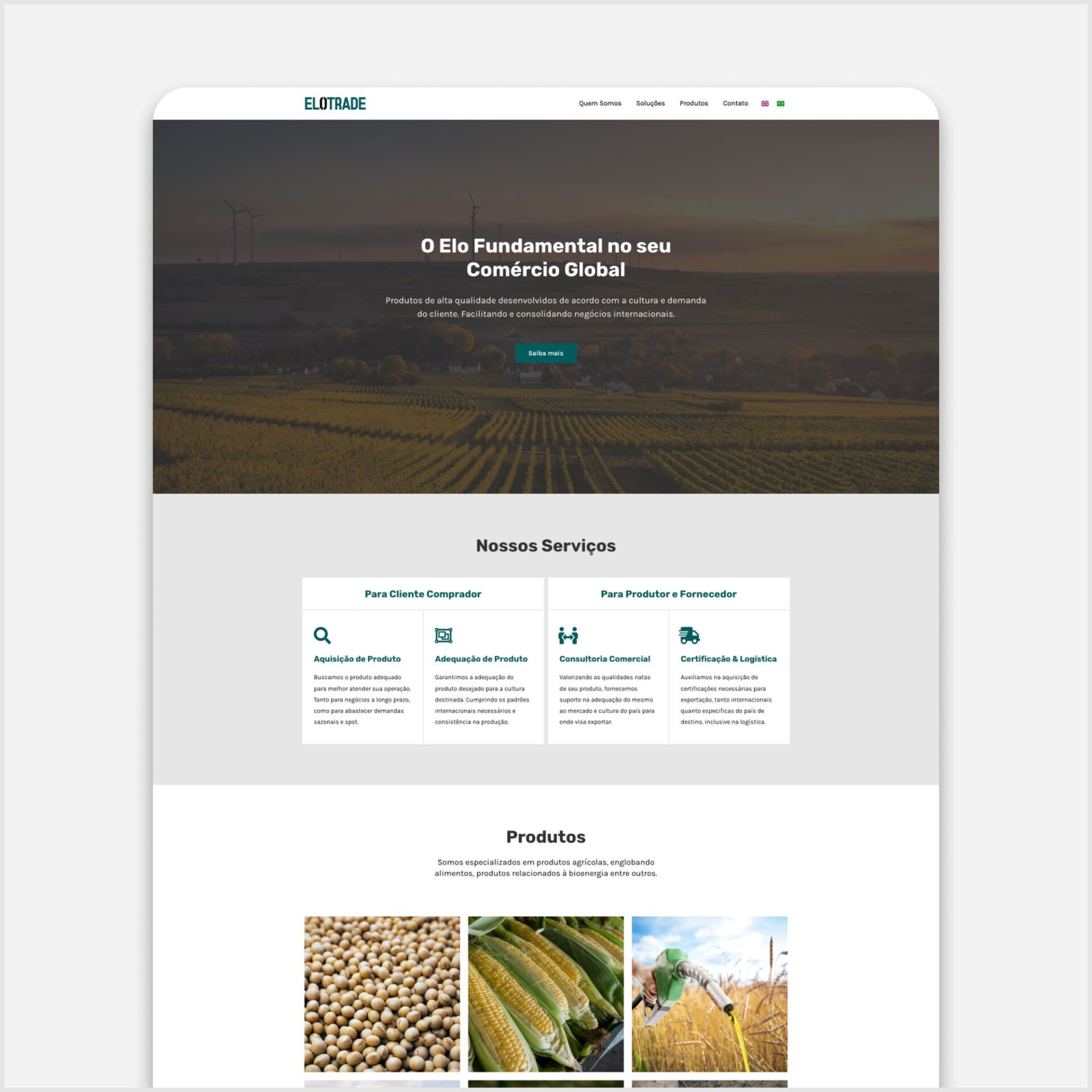 Projetos de webdesign, página principal de um website institucional de uma empresa de negócios internacionais.